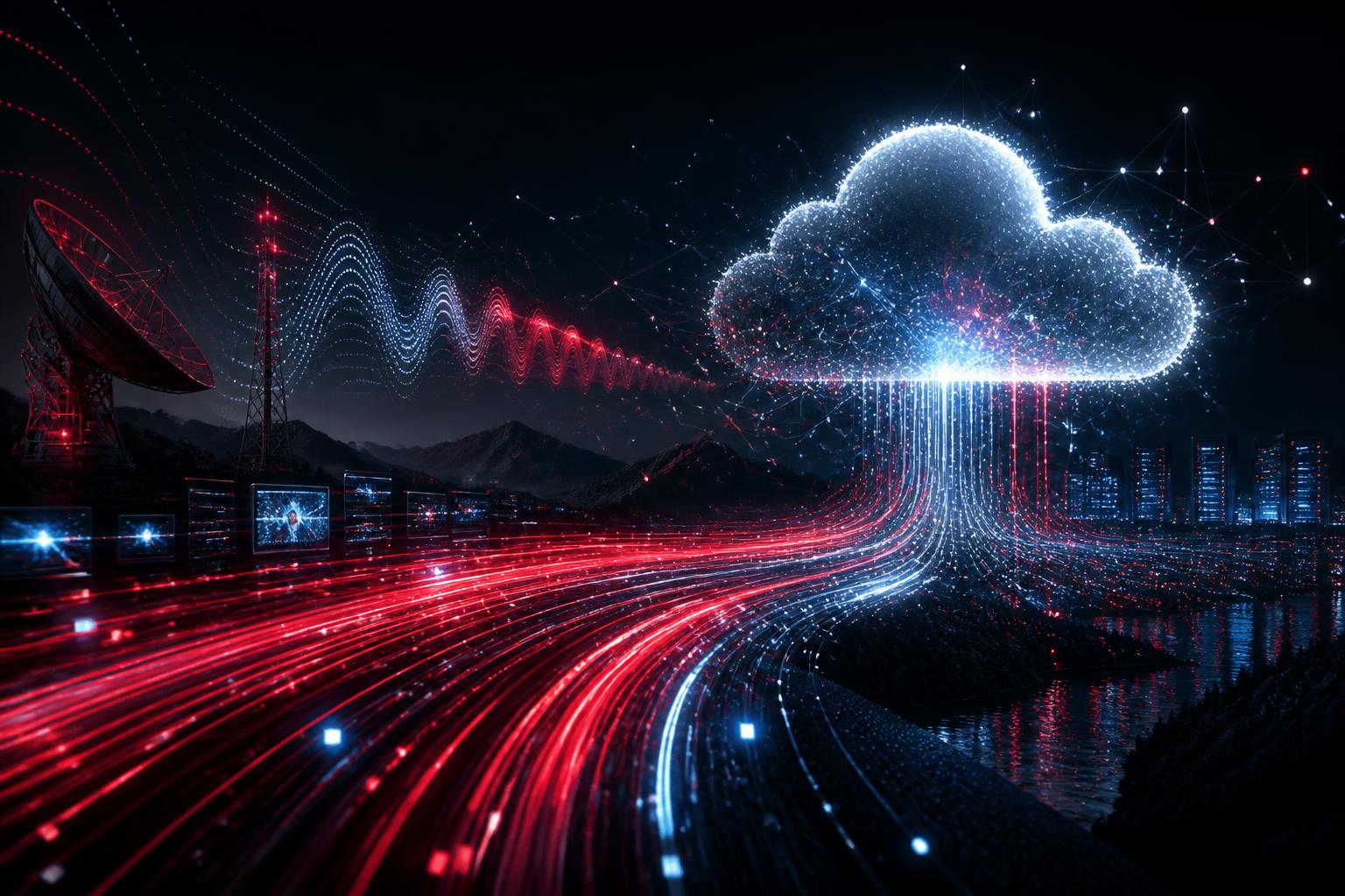 Digital transformation visual — broadcast signals and cloud data streams converging